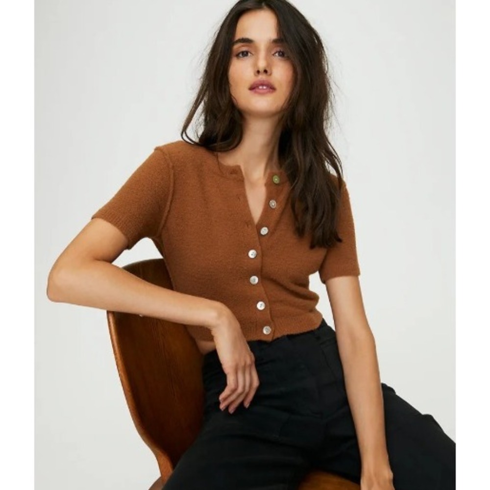 Aritzia  Wilfred Free Brown Short Sleeve Shrunken Cropped Cardigan Sweater Small